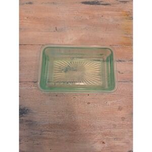 Vintage Green Uranium Glass Refrigerator Dish Sunburst Pattern Vaseline Glass